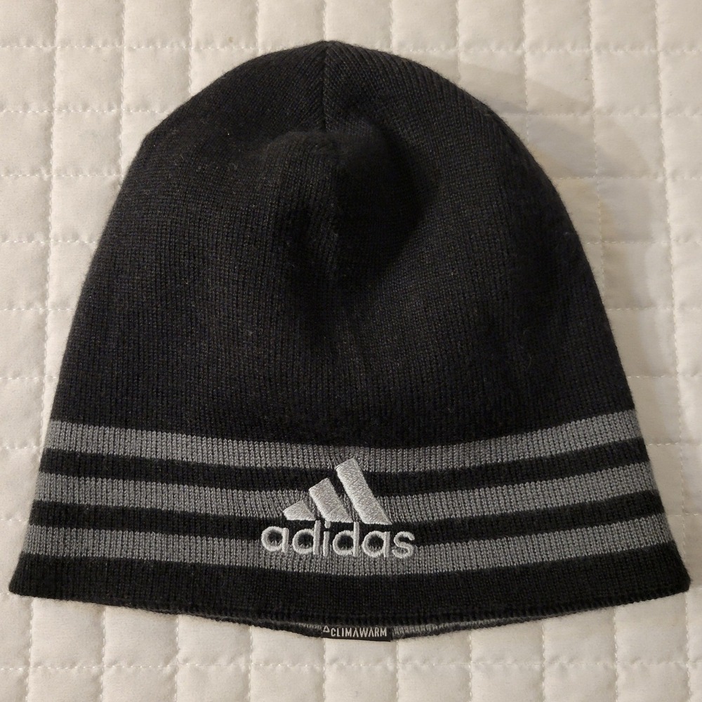 Y2K Adidas ClimaWarm Reversible Beanie Black Grey Striped Knit Skull Cap Hat 90s